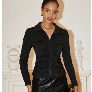 Black Button Up Down Ruched Long Sleeve Dress Shirt